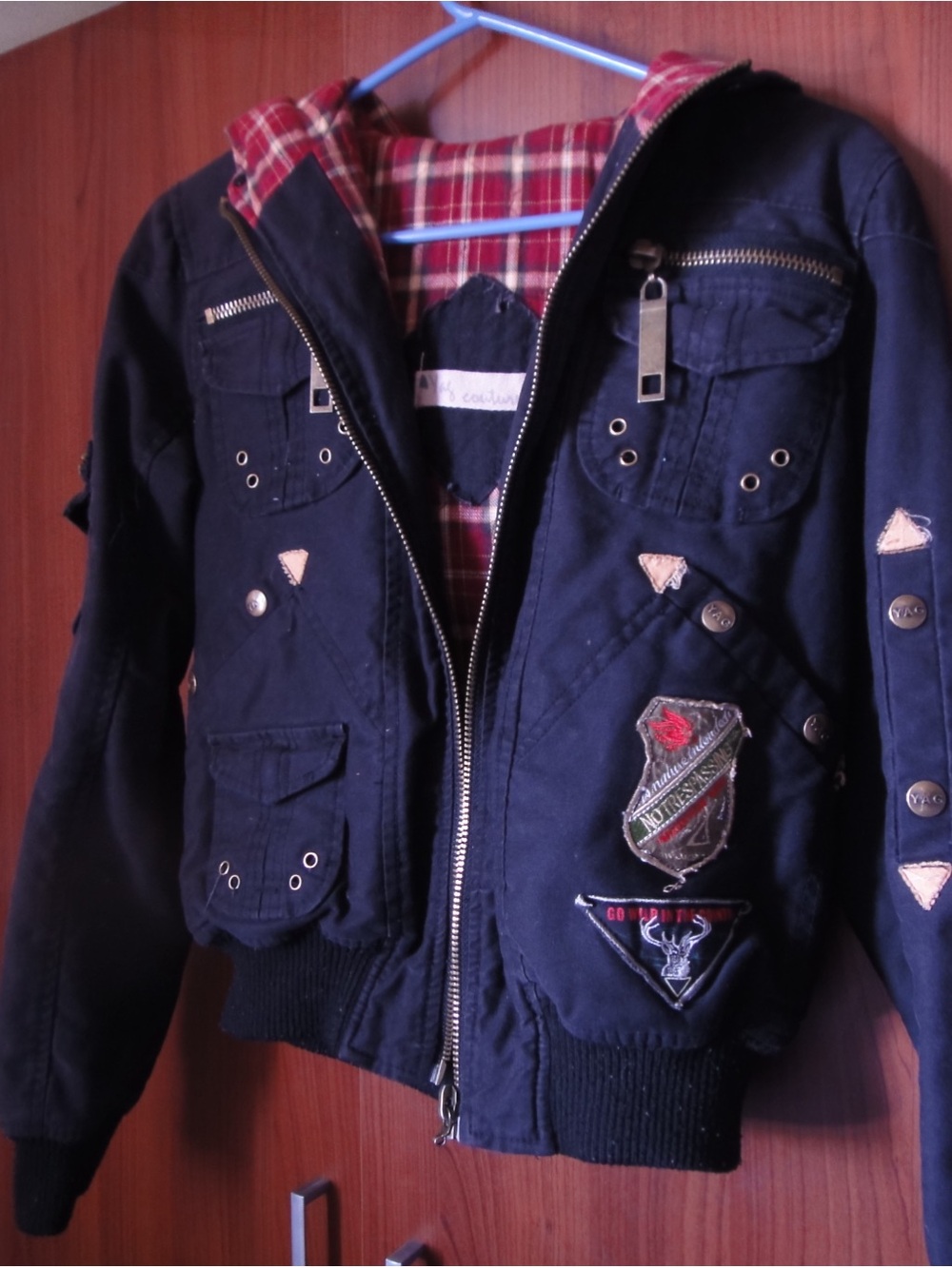 Black Denim Hooded Patchwork Bomber Jacket with Red Plaid Lining